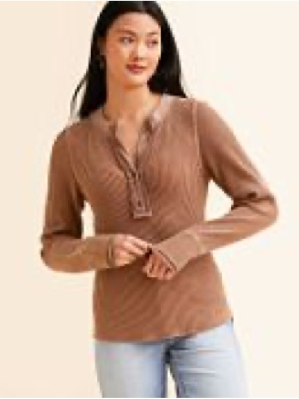 BKE Brown Ribbed Henley with Ruffle Trim - Picture 2 of 7